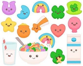 Kawaii Lucky Marshmallow Cereal PNG Clipart - St Patrick's Day Breakfast Clover Rainbow Moon Star Leprechaun Food Clipart, Commercial Use