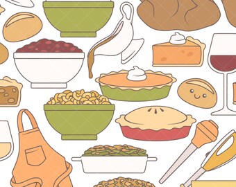 Imágenes prediseñadas Kawaii de Acción de Gracias - Archivos digitales de comida de Acción de Gracias en tonos pastel, salsa de puré de patatas con pavo, pastel de calabaza con arándanos PNG