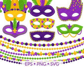 Mardi Gras Mask & Bead Clipart – New Orleans Carnival, SVG, PNG, EPS