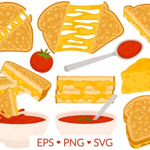 Imágenes prediseñadas de queso a la parrilla: imágenes SVG, PNG, EPS: sándwich de queso a la parrilla, tostada de queso cheddar tostado, sopa de tomate con albahaca, comida para niños para días de enfermedad