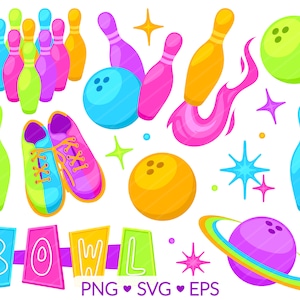 Kosmische Bowling Clipart - SVG, PNG, EPS Bilder - Bowlingbahn Clip Art, Neon Kosmische Bowling, Rakete Weltraum Saturn, Neon Retro