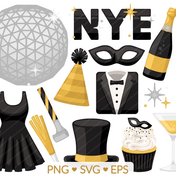 New Year's Eve Clipart - SVG, PNG, EPS Images - Happy New Year, Party Celebration Champagne, Ball Drop Little Black Dress Tuxedo