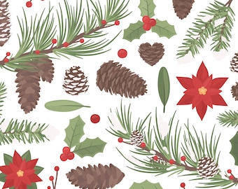 Christmas Pine Cones Clipart Illustration, Christmas Decoration Poinsettia Christmas Card Digital Clipart, Merry Christmas, Commercial Use