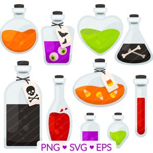 Halloween Potion Clipart - SVG, PNG, EPS Images - Spooky Potions Witchcraft Artwork, Wizard Witch Spells, Candy Corn Pumpkin Skulls Bats