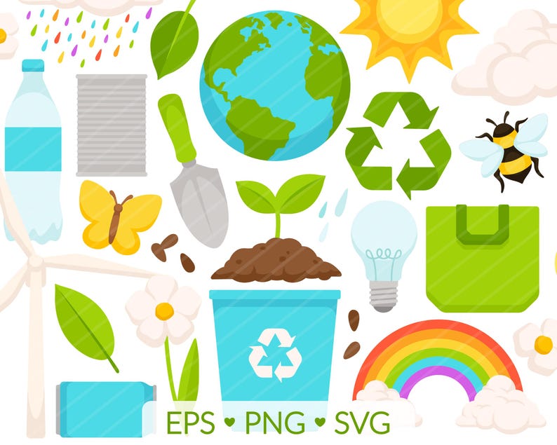 Earth Day SVG, Earth Day PNG, Earth Day clipart, Earth clipart, save the planet, science class, environment, environmentalism, environmentalist, plant trees, planting, gardening, flowers, rain, rainbow, sun, recycle, recycling, can, bottles, plastic, glass, bee, butterfly, renewable energy, wind turbine, windmill