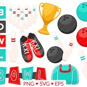 Bowling Clipart - SVG, PNG, EPS Images - Retro Bowling Alley Clip Art, Bowler Trophy Bowling Pin, Bowling Ball Graphic, Retro Clipart