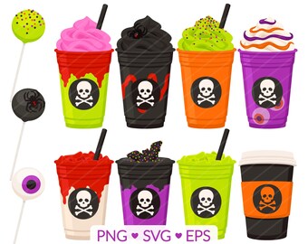 Clipart de café de Halloween: Frappé, batido, cake pop (PNG, SVG, EPS)