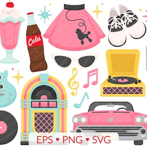 Sokhop clipart - SVG, PNG, EPS-afbeeldingen - jaren 50 jaren 50 retro afbeelding, Kids School Dance poedelrok platenspeler Jukebox Milkshake gitaar