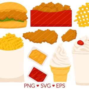 Fast Food Chicken Clipart - Immagini SVG, PNG, EPS - Crocchette di pollo Waffle Fries, Offerte di sandwich di pollo, Gelato al frappè con salsa di immersione