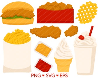 Fast Food Chicken Clipart - SVG, PNG, EPS Images - Chicken Nuggets Waffle Fries, Chicken Sandwich Tenders, Dipping Sauce Milkshake Ice Cream