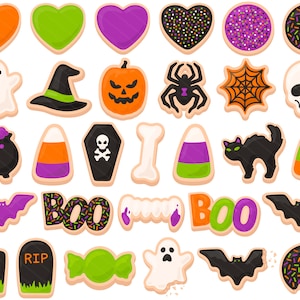 Puede incluir: Un conjunto de 24 galletas de azúcar con temática de Halloween decoradas con varios diseños, incluyendo fantasmas, murciélagos, calabazas, arañas, maíz dulce y lápidas. Las galletas son todas de estilo de dibujos animados y tienen colores brillantes.