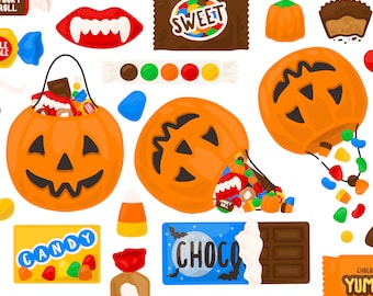Clipart de dulces de Halloween (PNG) – Gráficos de truco o trato (uso comercial)
