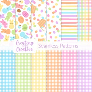 Peut inclure: Plusieurs motifs sans couture aux couleurs pastel. Les motifs comprennent des lapins, des œufs et des paniers de Pâques, ainsi que des rayures et des carreaux vichy. Le texte "Creating for the Creative" et "Seamless Patterns" est visible.