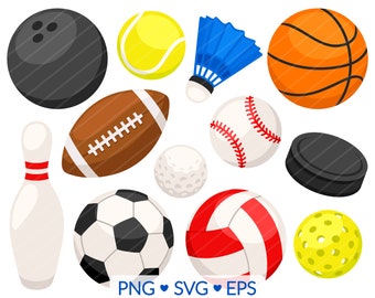 Sport Ball Clipart - SVG, PNG, EPS Images - Football Soccer, Pickle Ball Golf, Baseball Basketball Volleyball, Tennis Bowling Clipart