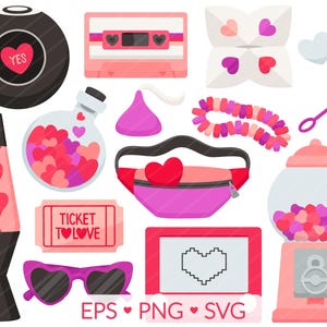 Clipart Saint-Valentin des années 90 - SVG, PNG, Images EPS - Saint-Valentin Candy Cootie Catcher Cassette sac banane, lampe à lave potion machine à gommes