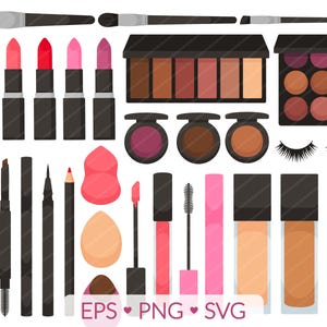 Clipart de maquiagem - Imagens SVG, PNG, EPS - Batom, Brilho labial, Esmalte, Paleta de sombras, Delineador, Rímel, Cílios postiços, Pincéis de base