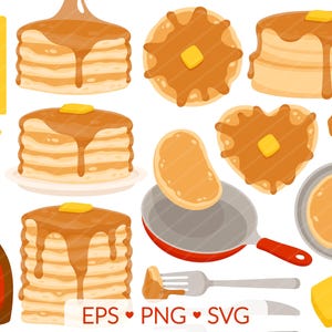 Könnte beinhalten: Ein Satz digitaler Illustrationen von Pfannkuchen mit Sirup und Butter. Die Illustrationen beinhalten einen Stapel Pfannkuchen, einen herzförmigen Pfannkuchen, einen einzelnen Pfannkuchen und einen Pfannkuchen in einer Bratpfanne. Außerdem gibt es eine Flasche Sirup und eine Portion Butter.