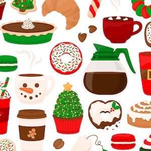 Clipart z kawiarnią świąteczną - świąteczna kawa, herbata kakao, ciasto ciasteczkowe, babeczka, ciasto makaronowe, clipart z pączkami - do użytku komercyjnego