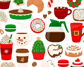 Christmas Cafe Clipart - Holiday Coffee, Tea Cocoa, Cookie Cake Cupcake, Macaron Pie, Donut Clip Art - Commercial Use