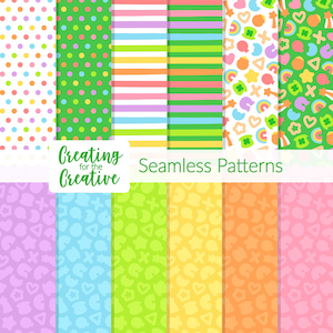 May include: A collection of colorful seamless patterns. The patterns include polka dots, stripes, and various shapes in shades of green, pink, orange, yellow, and blue. The text "Creating for the Creative" and "Seamless Patterns" is also visible.