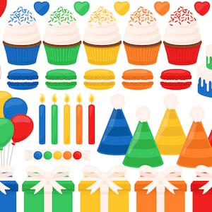 Rainbow Birthday Clipart, Party Cupcake Clip Art, Present Clipart, Balloon Clip Art, Macaron Clipart, Commercial Use