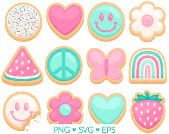 Aqua Pink Cookie Clipart - SVG, PNG, EPS Images - Cookie Decorating Sublimation, Bakery Baking Clip Art, Smiley Peace Sign Flower Butterfly