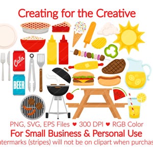 Backyard Barbecue Clipart - BBQ Grilling SVG Clip Art, Summer Cooking Grill Foods, Burger Hot Dog Steak Kebab, Lemonade Beer & Pie Graphic