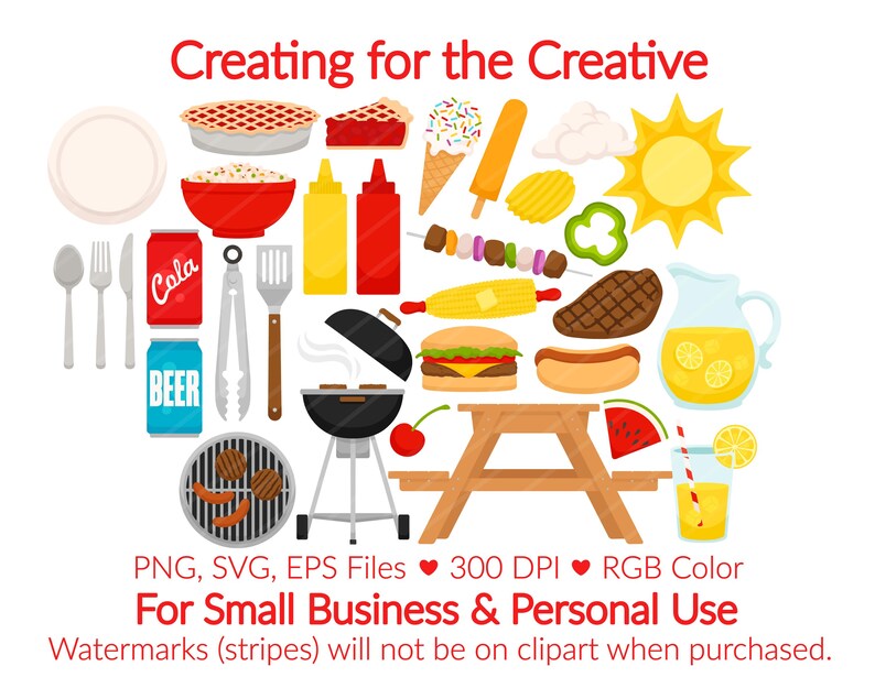 Backyard Barbecue Clipart - BBQ Grilling SVG Clip Art, Summer Cooking Grill Foods, Burger Hot Dog Steak Kebab, Lemonade Beer & Pie Graphic
