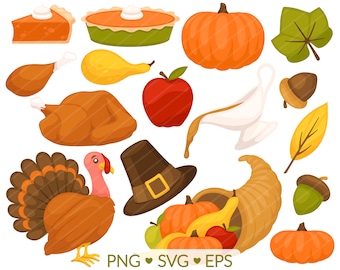 Clipart de Acción de Gracias (PNG, SVG, EPS) - Archivos digitales de pavo, calabaza y bellota de la cosecha de otoño