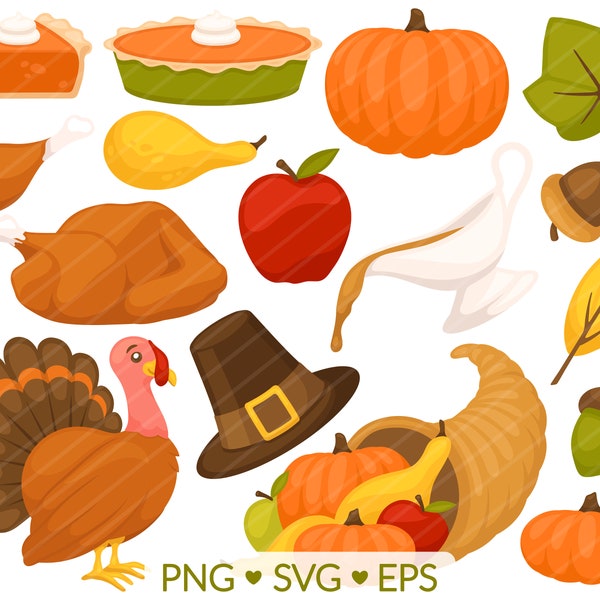 Thanksgiving Clipart - SVG, PNG, EPS Images - Turkey Clipart, Pilgrim Hat Graphic, Pumpkin Pie, Leaves Acorn Gourd, Fall Autumn Clip Art