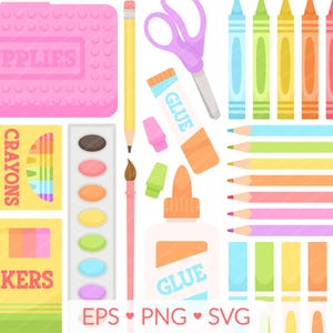 Pacote de clipart de materiais de arte, ilustração SVG de volta às aulas, imagens PNG de clipart de aula de arte, marcador de giz de cera e lápis de cor, arte de sala de aula