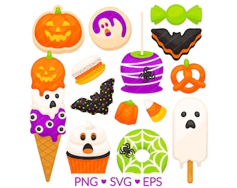 Clipart de dulces de Halloween (SVG, PNG, EPS): postres espeluznantes, cupcakes, galletas y helados.