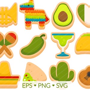 Clipart-afbeeldingen Cinco De Mayo-koekje - Spaanse les viering Mexico, Piñata Mariachi Sombrero Cactus Taco, Suikerkoekjes Bakkerij Bakken