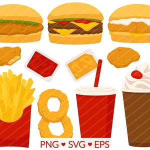 Imágenes prediseñadas de comida rápida - Imágenes SVG, PNG, EPS - Nuggets de pollo papas fritas, aros de cebolla sándwich de pescado de pollo, imágenes prediseñadas de comida chatarra de refresco de batido