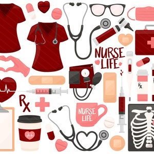 Red & Pink Nurse PNG Clipart - Hospital Doctor Scrubs Stethoscope Clip Art, Medicine Health Nursing Bandaid X Ray Clipart, Uso comercial