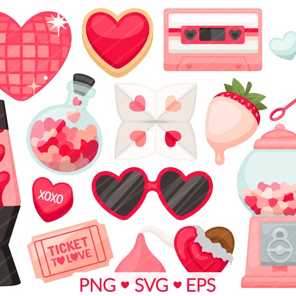 Valentine's Day Item Clipart - SVG, PNG, EPS Images - Love Potion Chocolate Covered Strawberry Disco Ball Lava Lamp, Valentine Candy Bubbles