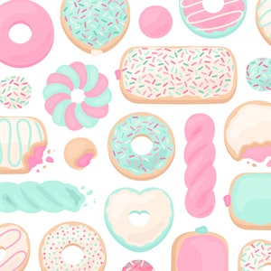 Op de afbeelding: Een verzameling kleurrijke donuts en gebakjes met verschillende toppings, waaronder sprinkels, glazuur en chocolade. De donuts zijn in verschillende vormen, waaronder rond, hartvormig en vierkant.