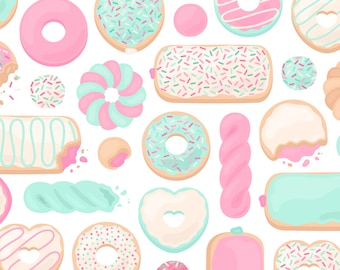 Aqua & Pink Donut Clipart - Doughnut Breakfast Dessert Baby Shower Baking Food Clip Art - For Commercial Use