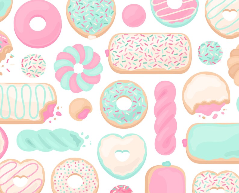 Op de afbeelding: Een verzameling kleurrijke donuts en gebakjes met verschillende toppings, waaronder sprinkels, glazuur en chocolade. De donuts zijn in verschillende vormen, waaronder rond, hartvormig en vierkant.