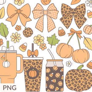 May include: A digital illustration featuring autumn-themed elements including orange bows, leopard print bows, plaid bows, pumpkins, leaves, flowers, candy corn, and three drink tumblers with straws. The design includes a large leopard print pumpkin.