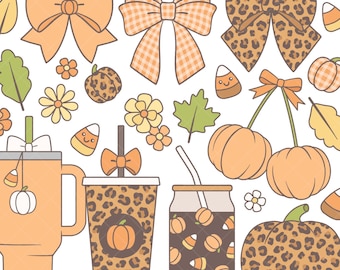 Imágenes prediseñadas de coquetería otoñal y café - Estética de lazo kawaii, calabaza con estampado de leopardo y café, caramelos de maíz PNG
