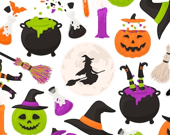 Clipart de bruja de Halloween: Caldero, escoba y calabaza espeluznantes (PNG, uso comercial)