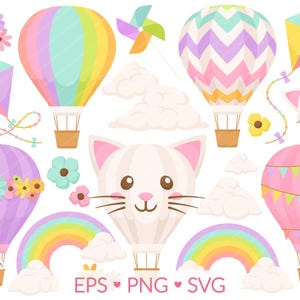 Heißluftballon Clipart - SVG, PNG, EPS Bilder - Kitty Katze Kindergarten Kinder Illustration, Heißluftballons Drachen Windrad Regenbogen Wolken Mädchen