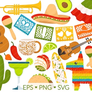 Imágenes Prediseñadas Del Cinco De Mayo - Clase De Español De Celebración De México, Piñata Mariachi Sombrero Cactus, Taco Tuesday Margarita Elote Concha