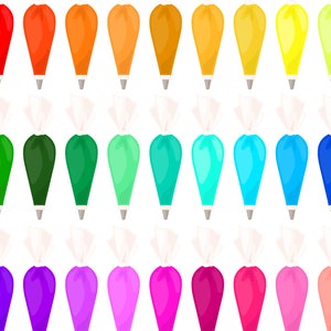 May include: A seamless pattern of colorful icing bags, each filled with a different shade of frosting. The colors range from reds and oranges to greens, blues, purples, and pinks, creating a vibrant and visually appealing design. The bags have white paper cones.