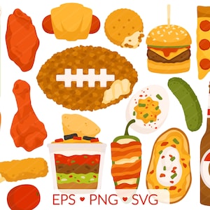 Imágenes prediseñadas de aperitivos: SVG, PNG, EPS: portón trasero de fútbol, alitas de pollo, cerdos en una manta, hamburguesa de cerveza, pizza, huevo relleno, jalapeño popper