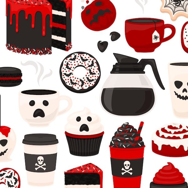 Gothic Halloween Cafe Clipart - Halloween Skeleton Holiday Coffee Cocoa Cookie Cake Cupcake Macaron Pie Donut Clip Art - Commercial Use