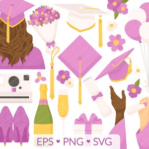 Clipart de graduación femenina: SVG de graduación floral femenina, PNG de graduación universitaria, Jornada de puertas abiertas de "Felicidades a la graduación", Peinado y tacones para birrete de graduación