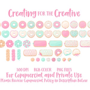 Op de afbeelding: Een set van 30 digitale illustraties van verschillende pastelkleurige donuts, waaronder ronde, hartvormige en lange rechthoekige donuts. De donuts zijn versierd met sprinkles, glazuur en andere toppings. De tekst "Creating for the Creative" staat bovenaan de afbeelding.
