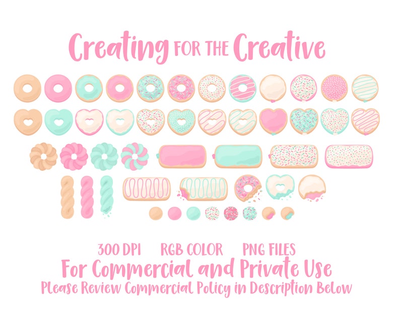 Op de afbeelding: Een set van 30 digitale illustraties van verschillende pastelkleurige donuts, waaronder ronde, hartvormige en lange rechthoekige donuts. De donuts zijn versierd met sprinkles, glazuur en andere toppings. De tekst "Creating for the Creative" staat bovenaan de afbeelding.